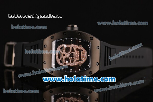 Richard Mille RM 52-01 Miyota 6T51 Automatic PVD Case with Diamonds Skull Dial and Black Rubber Bracelet - Click Image to Close